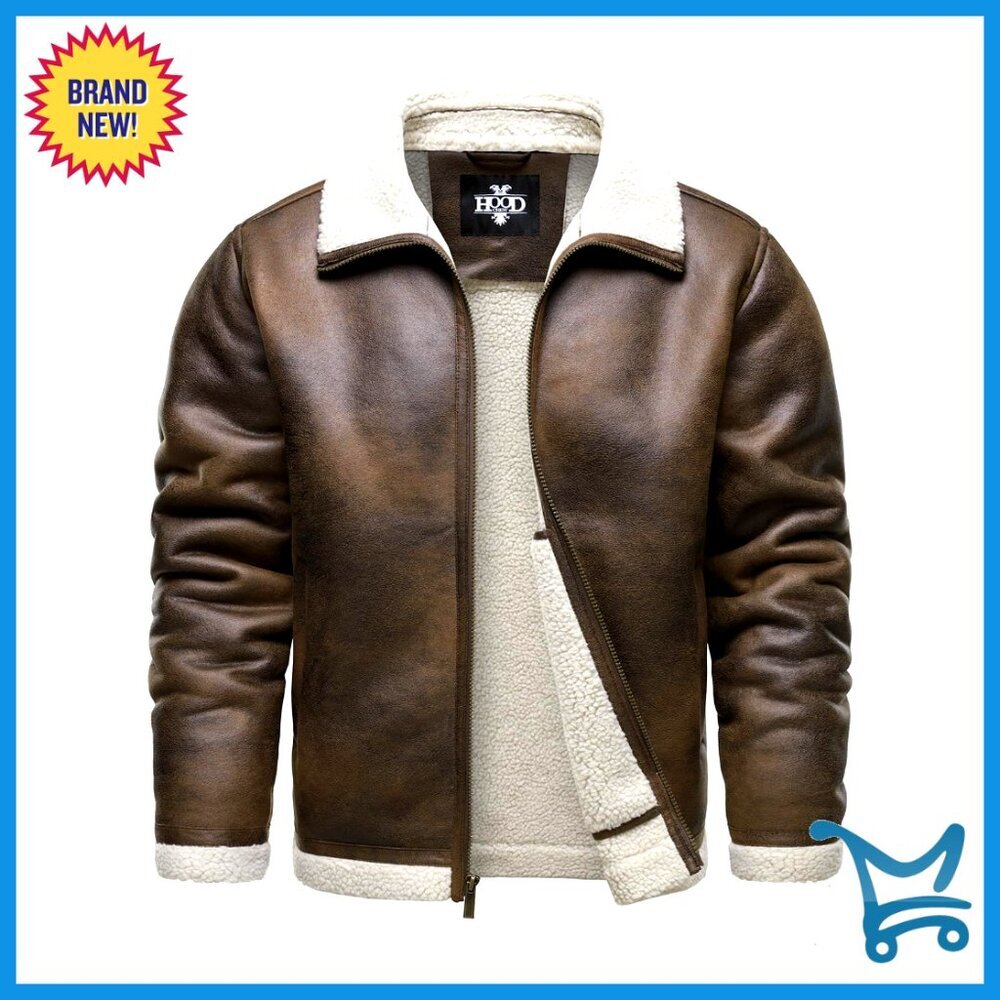 Men's Vintage Distressed Faux Leather Bomber Jacket with Faux Shearling Lining